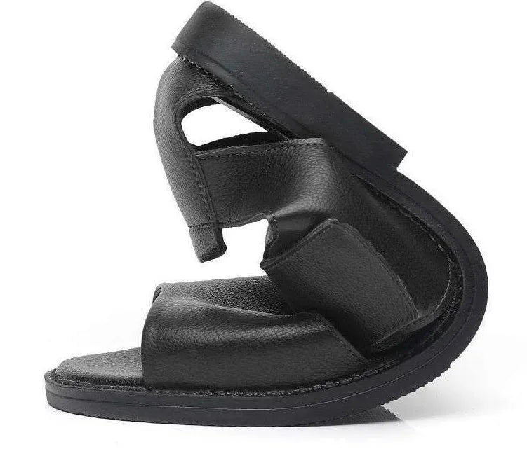 Men's black leather Roman sandals with open-toe design and rubber soles