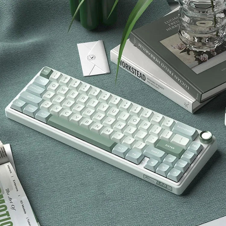 White wireless mechanical keyboard with RGB lighting and selectable mechanical axis options for gaming and office