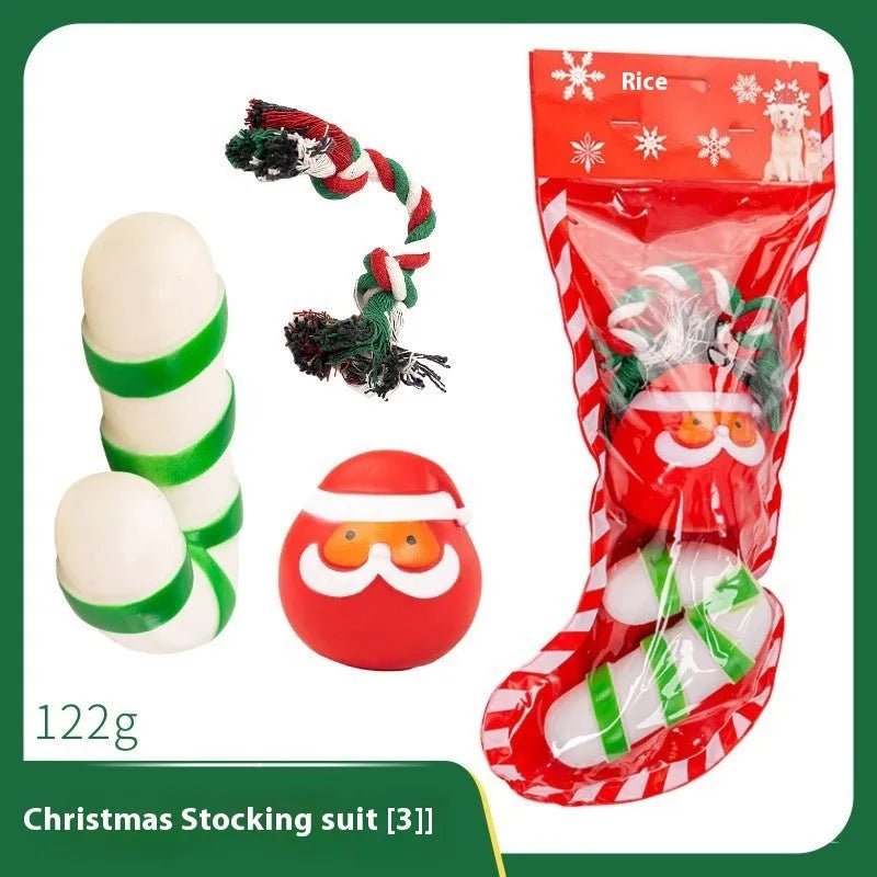 Christmas vinyl dog chew toys gift sets with festive designs including trees, Santa heads, and bite ropes