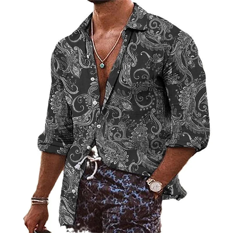 Men's loose fit long sleeve shirt with a colourful 3D floral pattern print on polyester fabric