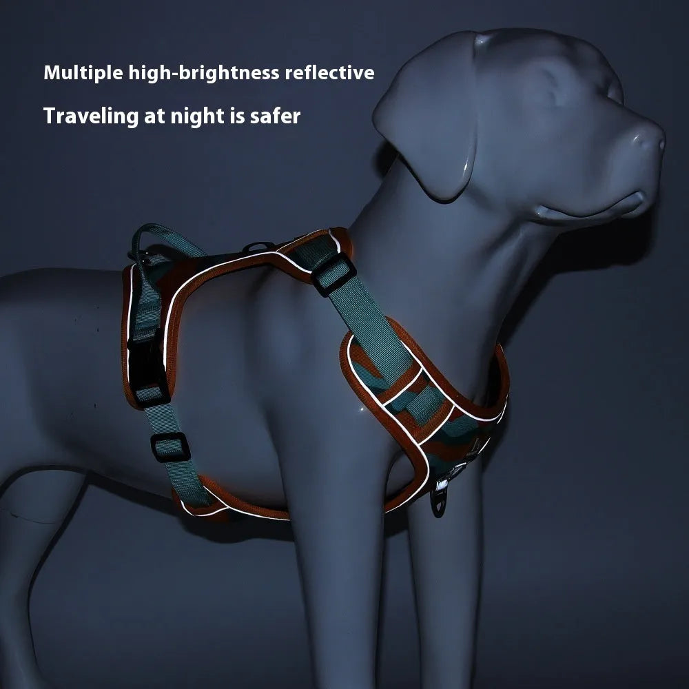 Reflective dog walking harness with chest and back design in oxford cloth construction