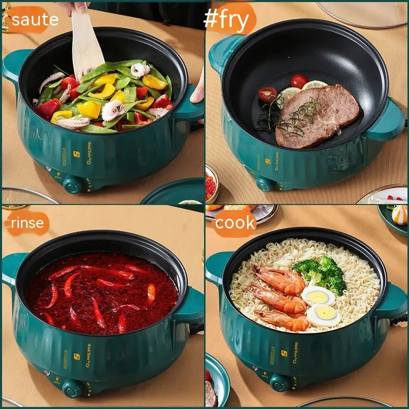 Stainless steel electric hot pot with non-stick interior in green or white finish