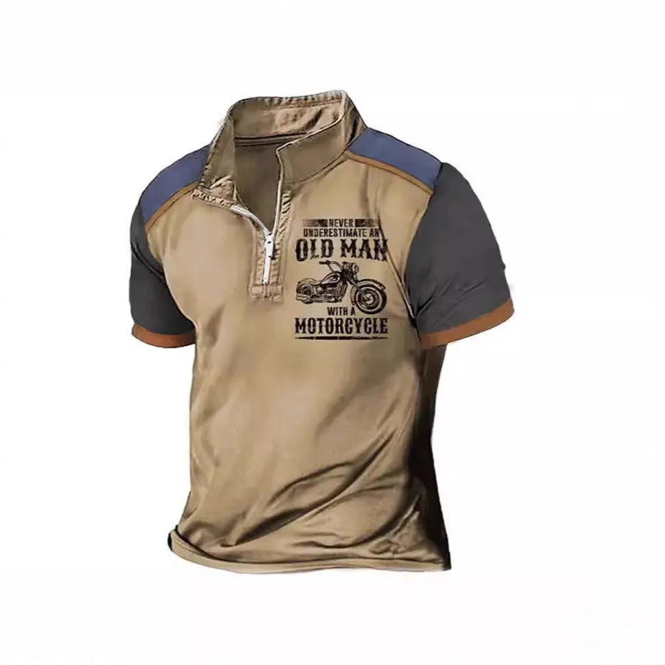Men's lapel collar polo shirt with digital letter pattern print and zip decorations