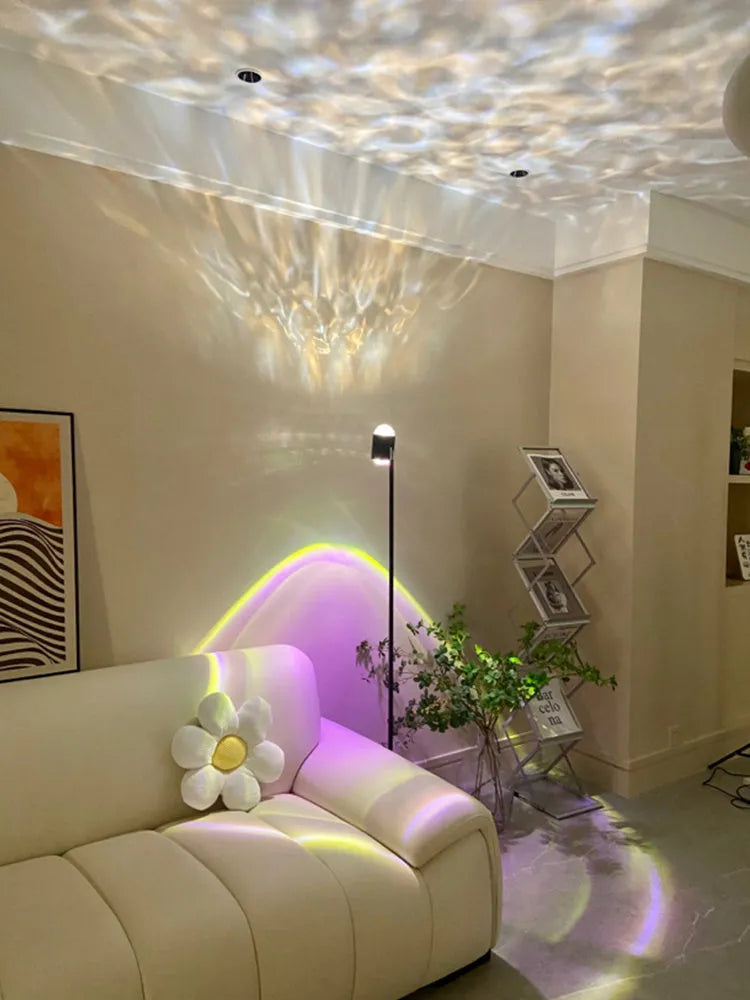 Sunset red floor lamp projecting a water wave light pattern onto a floor.