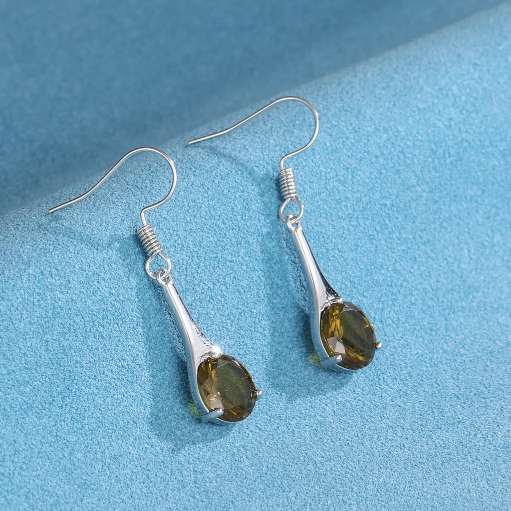 Olive green topaz coloured drop earrings with water drop shape and electroplated finish