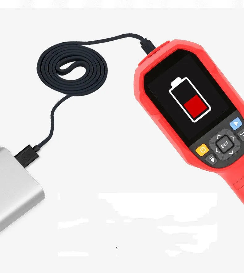 UTi260B handheld infrared thermal imager with colour screen showing a thermal image of an electrical panel.