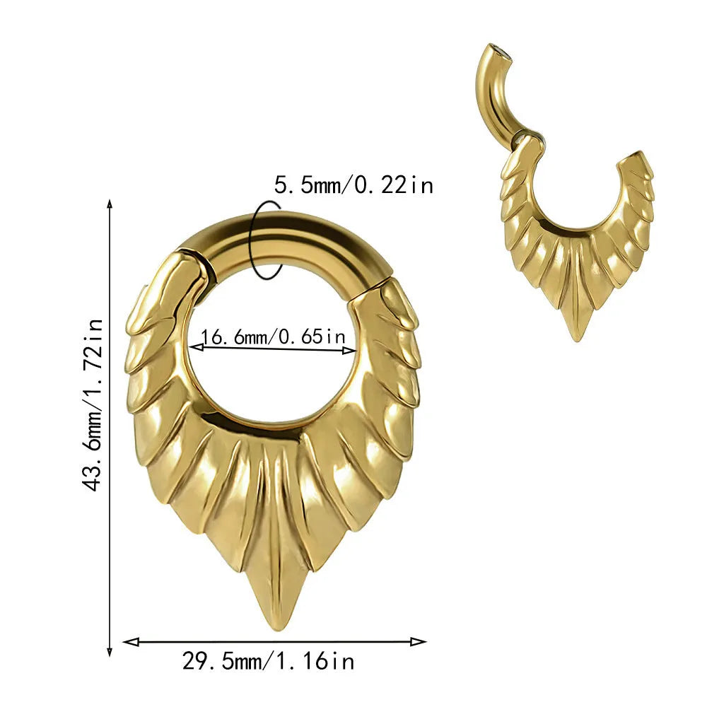 Drop-shaped stainless steel ear extender with totem pattern and hanging egg detail.