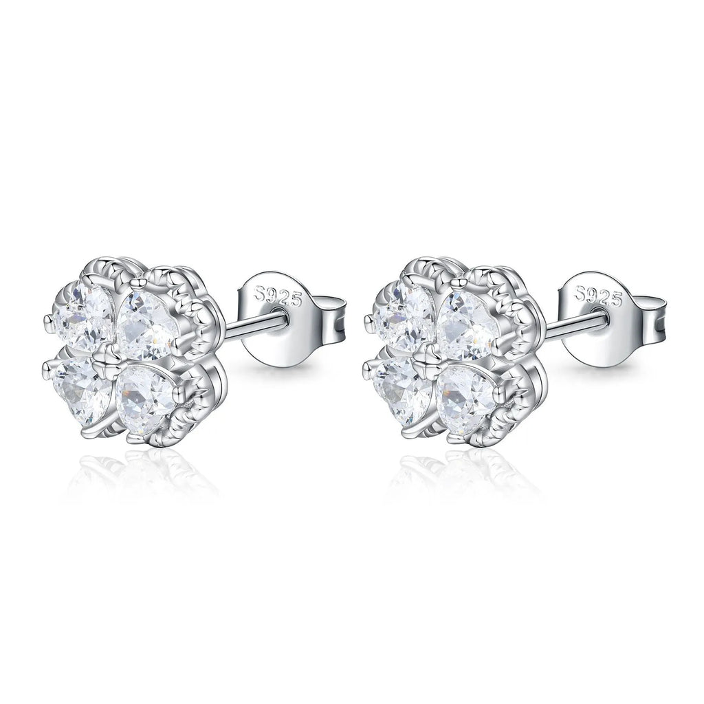 925 silver heart-shaped earrings with four-leaf clover motifs and zircon stones in white gold colour