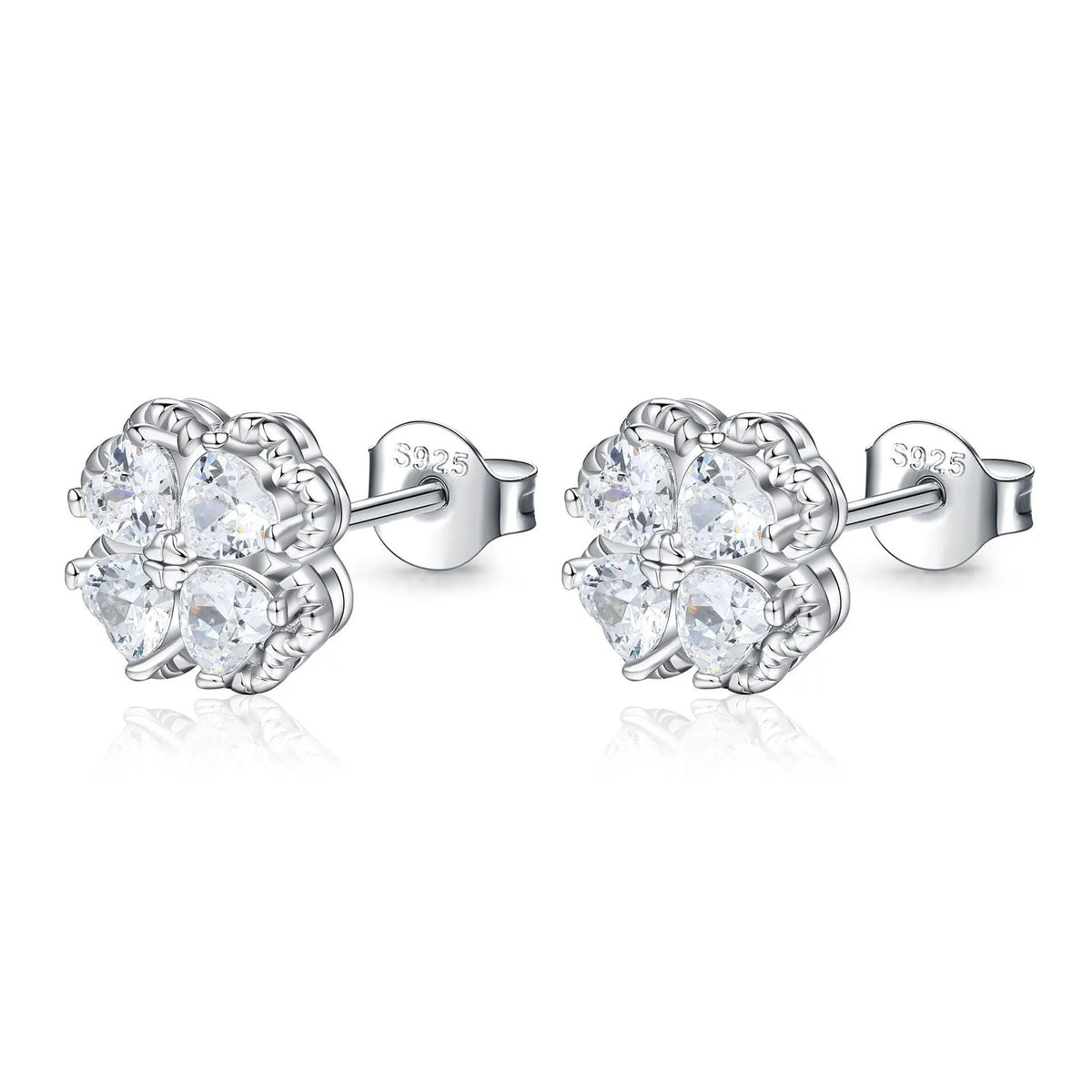 925 silver heart-shaped earrings with four-leaf clover motifs and zircon stones in white gold colour