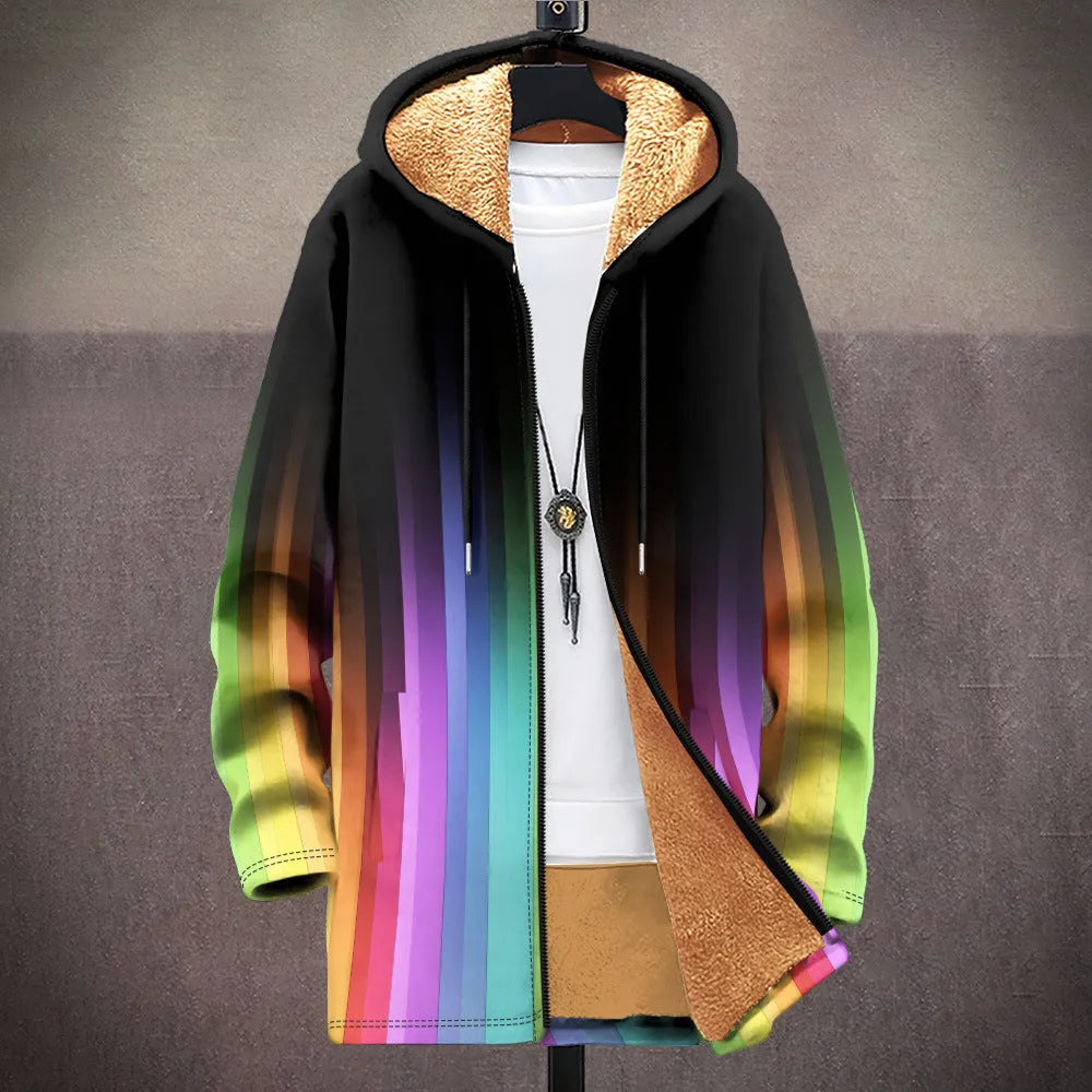 Men's loose fit hooded cardigan with zip front in multicolour printed pattern