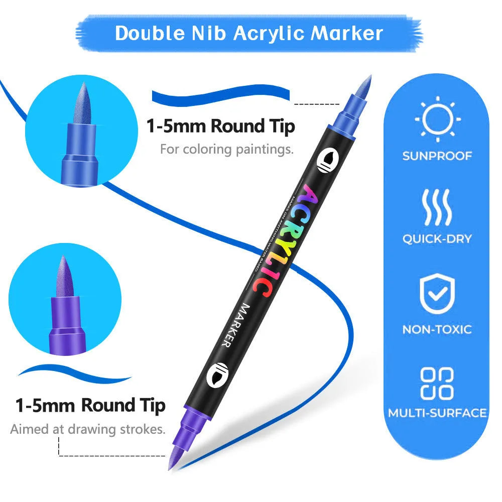 Set of double-headed acrylic marker pens with vibrant, opaque, washable ink in a carrying case.