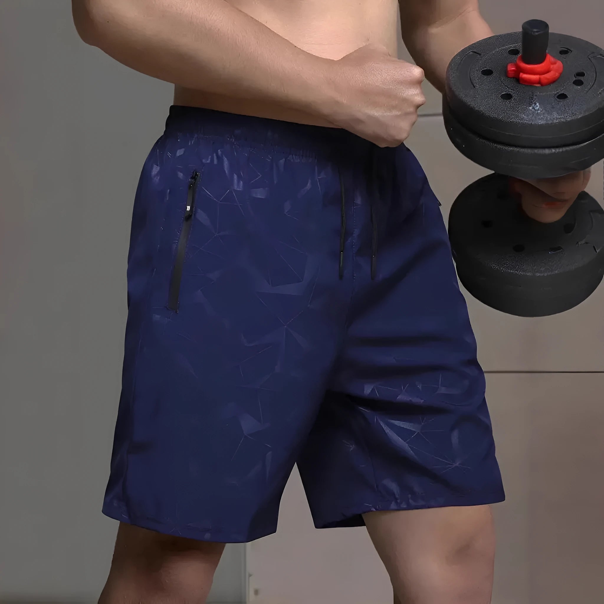 Men's loose-fitting polyester sports shorts in three colour options with printed design