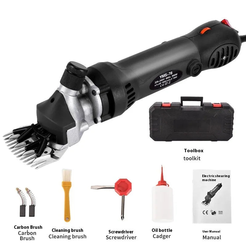 Yellow electric wool shears with 110V plug, multiple blade sets, and maintenance tools in plastic storage box