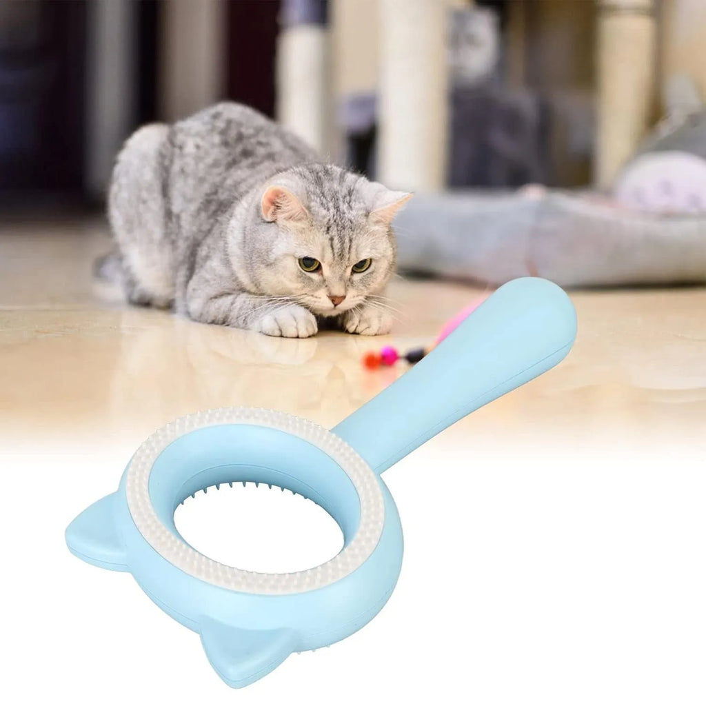 Blue and white double-sided pet grooming brush with comfortable handle for cats and dogs