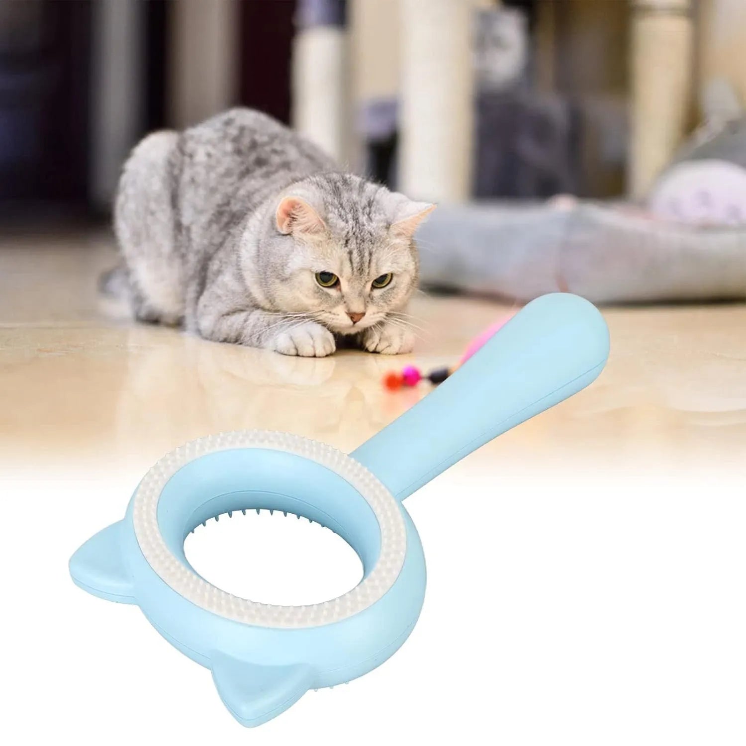 Blue and white double-sided pet grooming brush with comfortable handle for cats and dogs