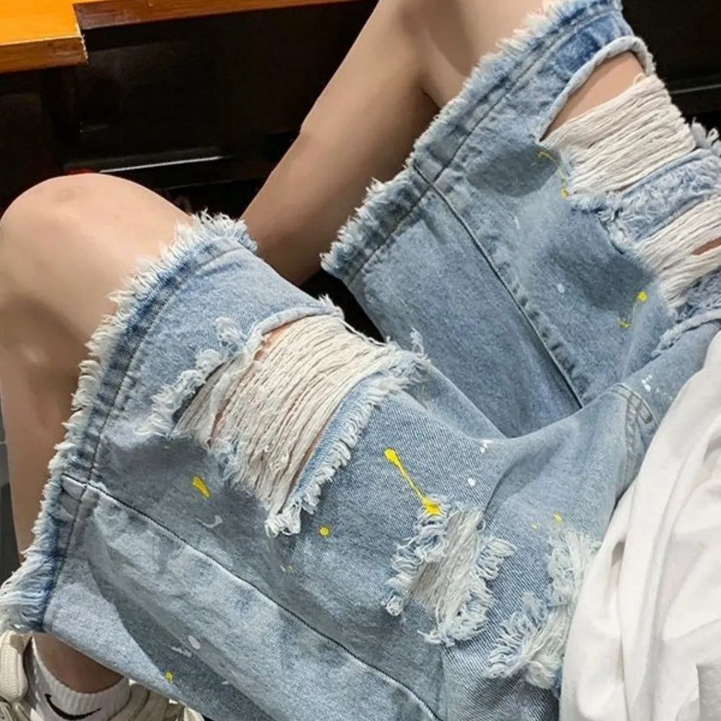 Men's water washed hole denim shorts in loose street style with cotton blend fabric