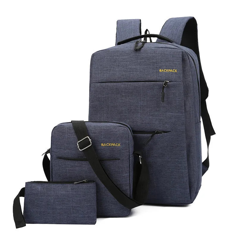Men's USB charging computer bag three-piece set in navy blue with multiple compartments and anti-theft features