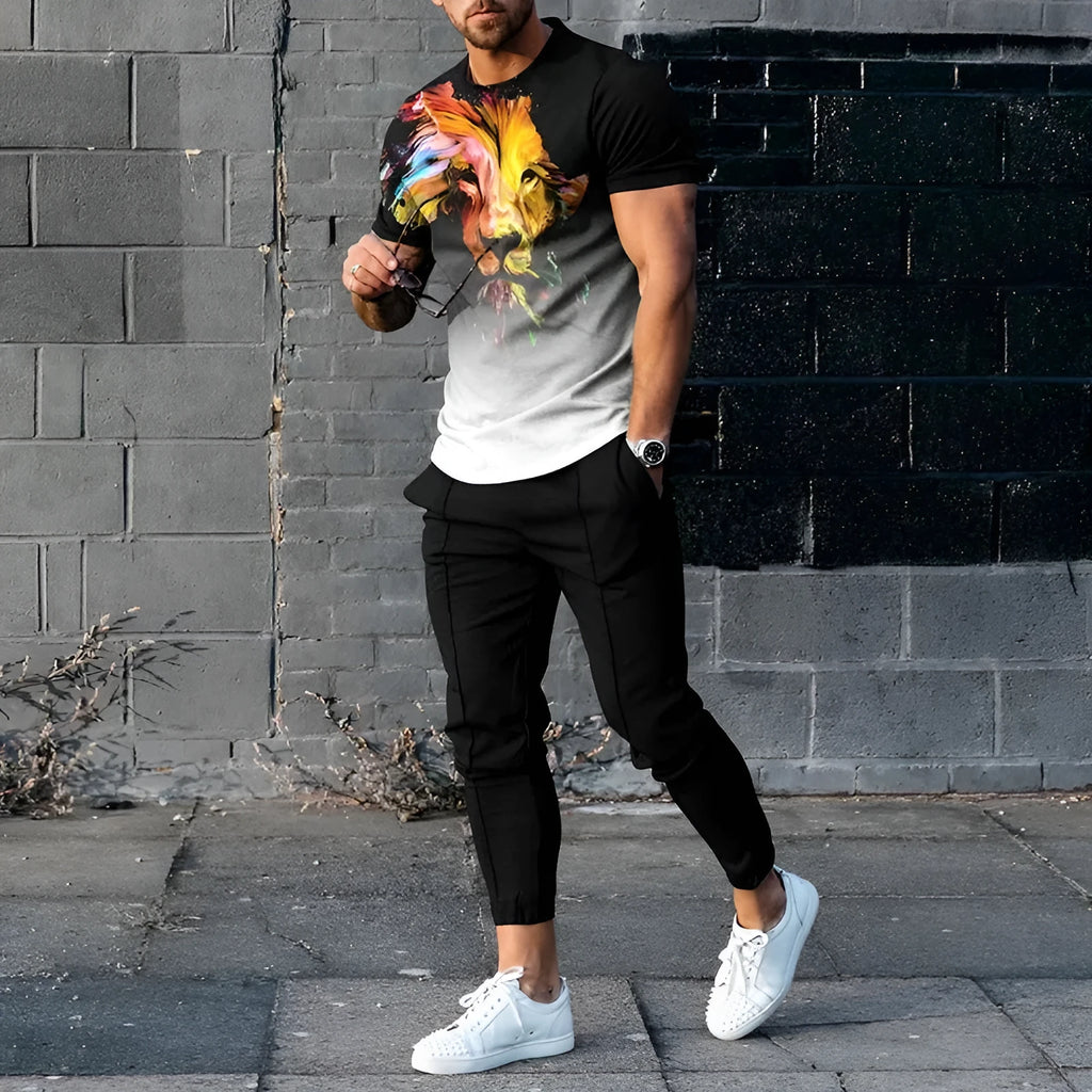Men's short-sleeved sports top and trousers set with printed design in chemical fibre blend fabric
