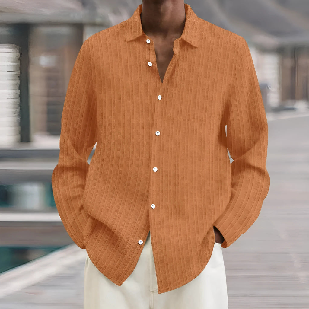 Men's striped cardigan long sleeve shirt with 3D pattern design in chemical fibre blend fabric