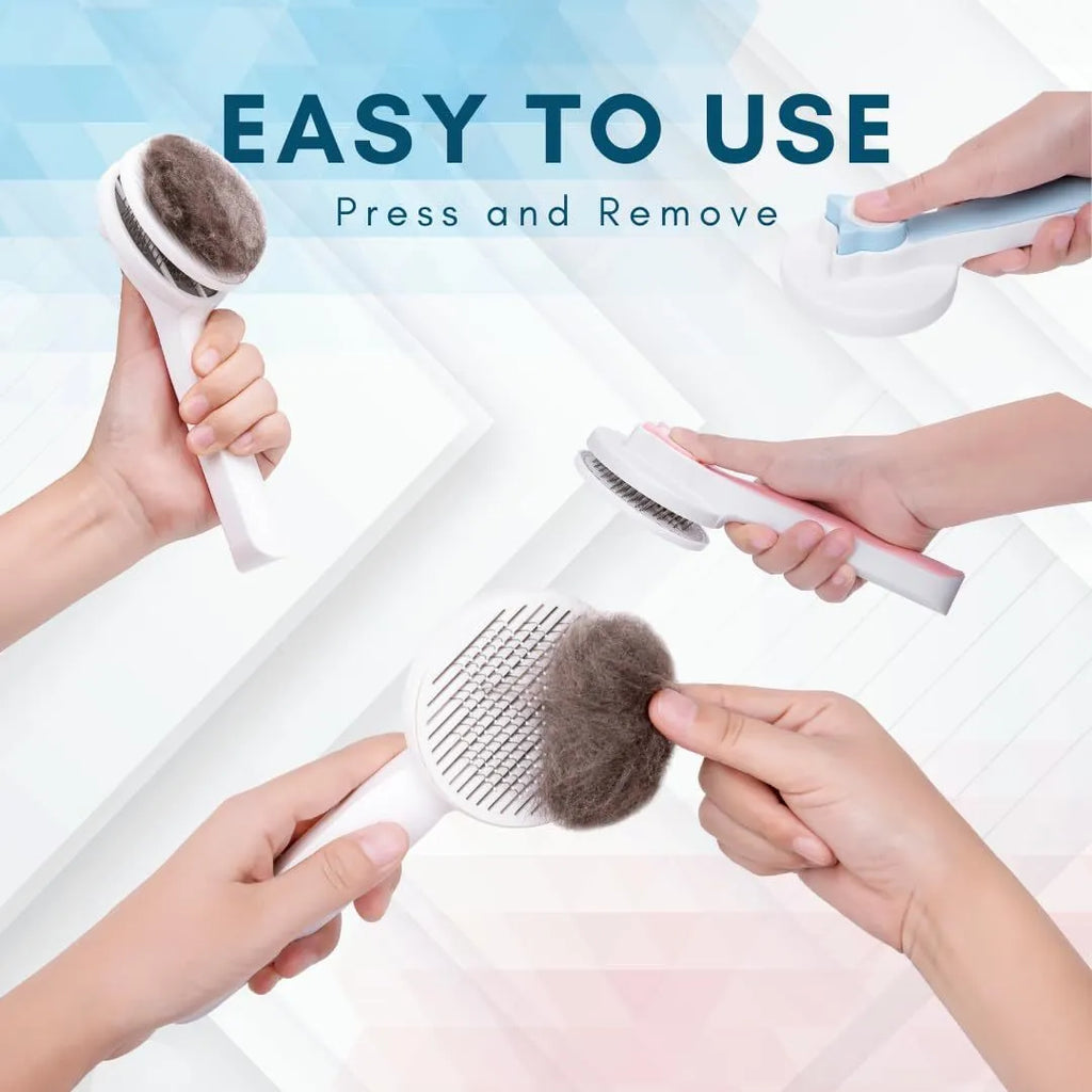 Blue self-cleaning slicker brush for dogs and cats with stainless steel pins and a rubber handle.