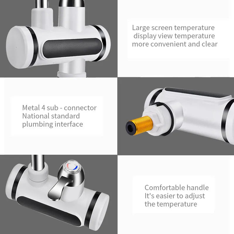White electric kitchen water heater with digital temperature display and instant hot water function