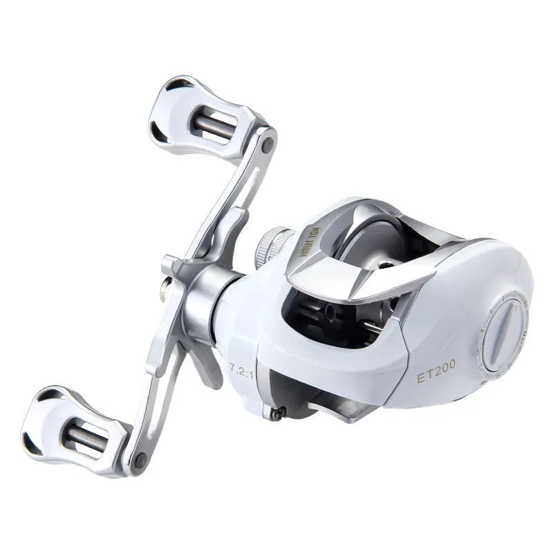 Small white micro baitcasting fishing reel with drip wheel, shown in left and right-hand retrieve options.