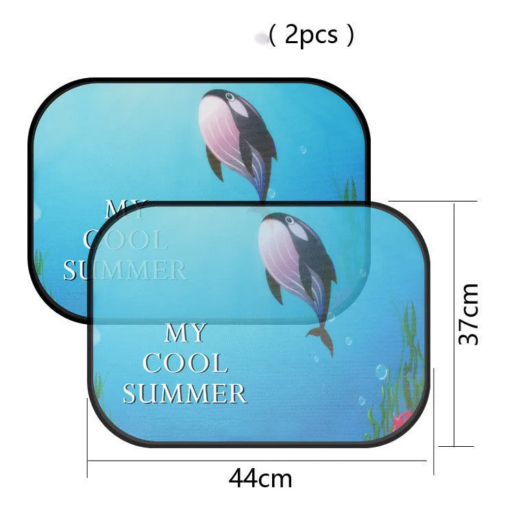 Pair of electrostatic cling animal-themed car sunshades made from nylon mesh for side windows.