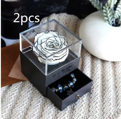 Preserved eternal rose and carnation gift box in glass display case for jewellery storage