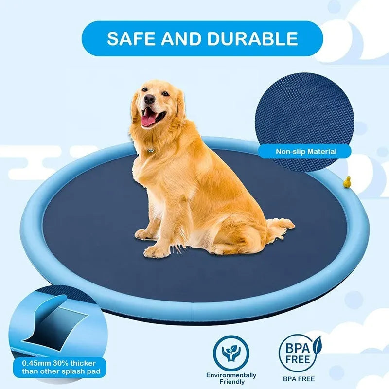 Anti-slip dog splash pad sprinkler toy on grass, showing textured PVC surface and hose connection.