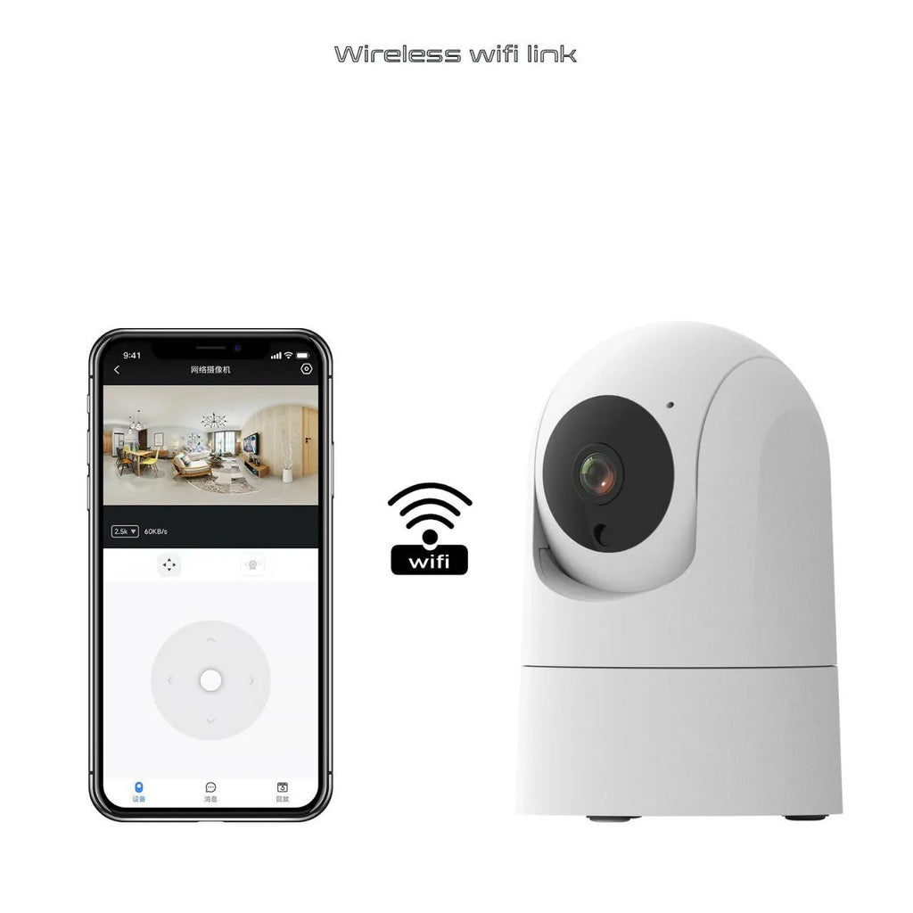 White indoor smart security camera with shake head mechanism and wide-angle lens on mounting base