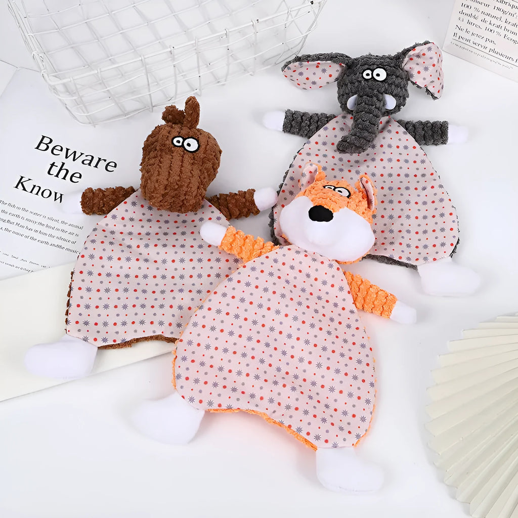 Brown velvet fox elephant plush dog toy with sound element for chewing and boredom relief.