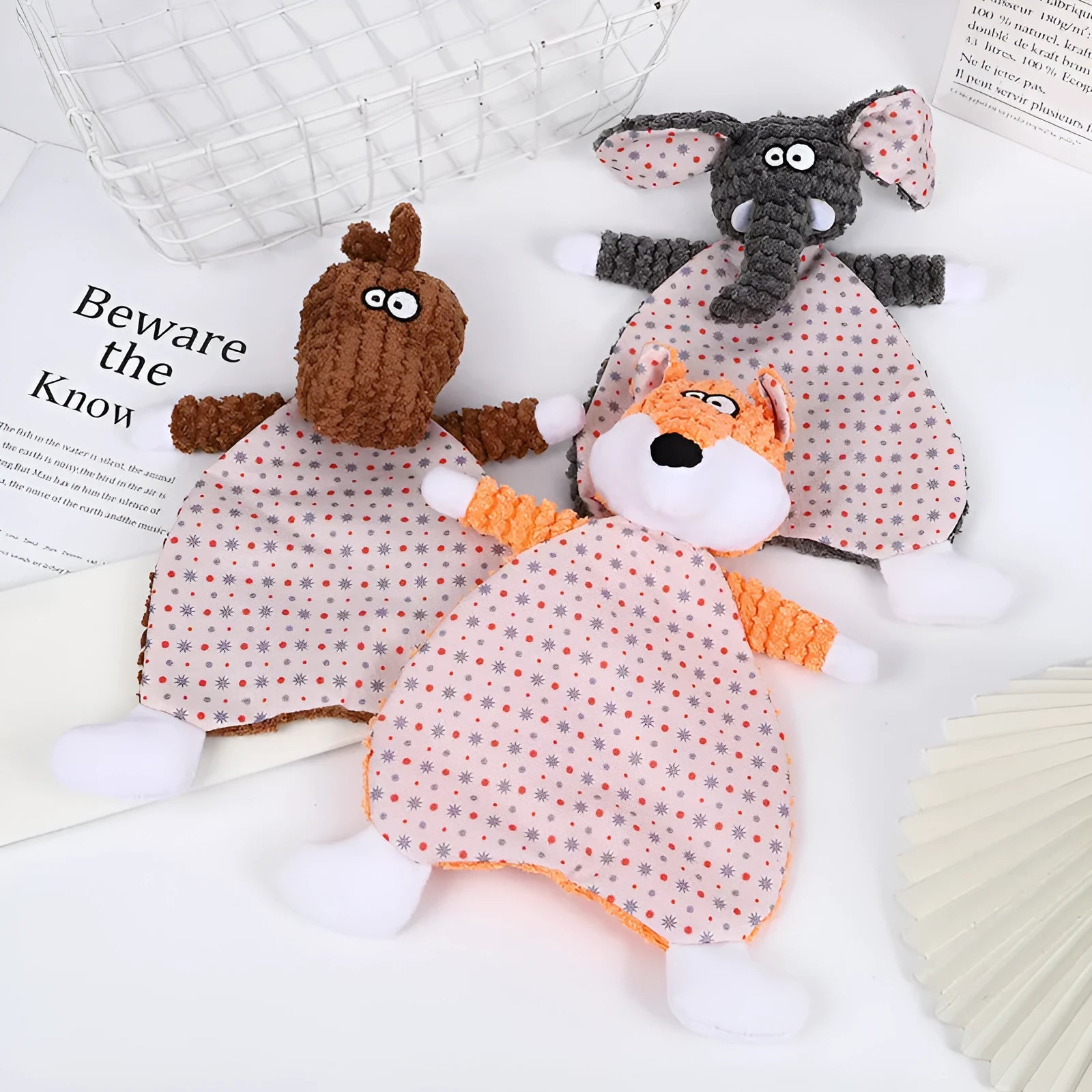 Brown velvet fox elephant plush dog toy with sound element for chewing and boredom relief.