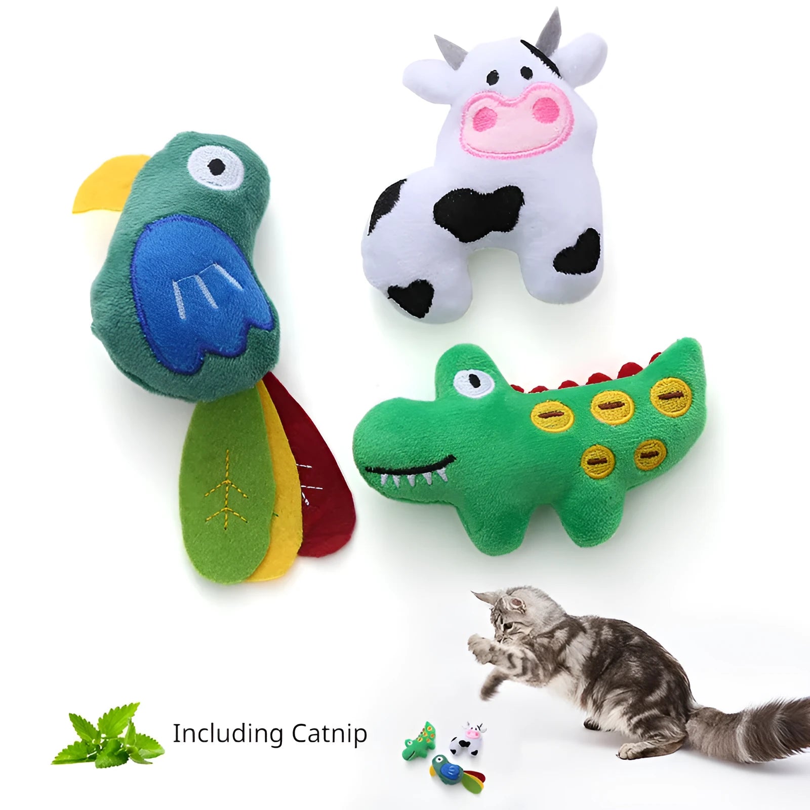 Cow-shaped plush cat toy with parrot design featuring soft fabric and cotton filling