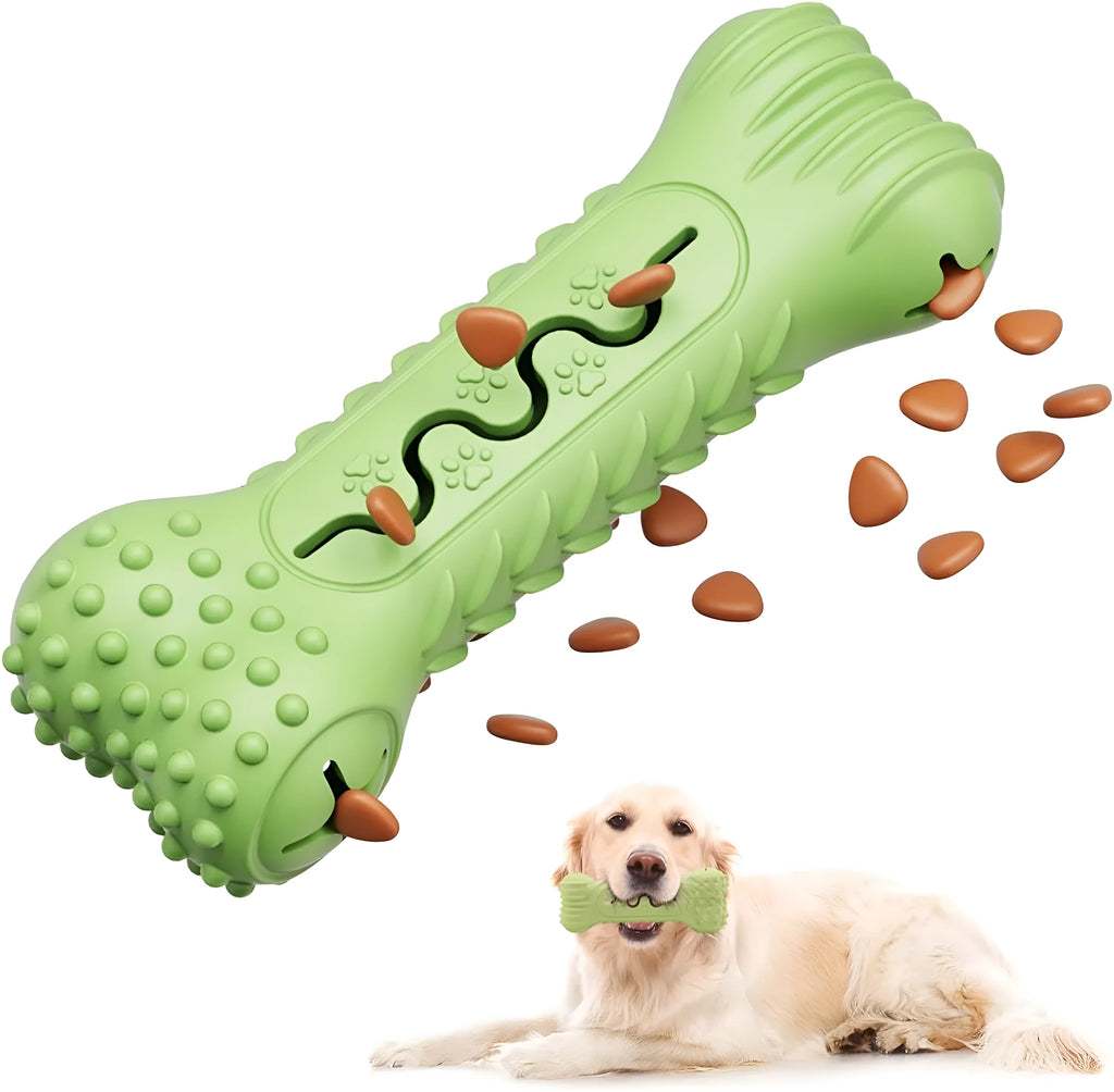 Blue natural rubber bone-shaped dog chew toy on a white background