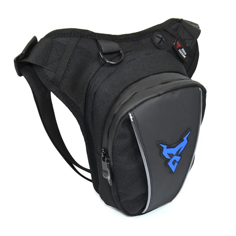 Motorcycle leg bag in red blue green grey colours with adjustable depth and crossbody shoulder waist carry options