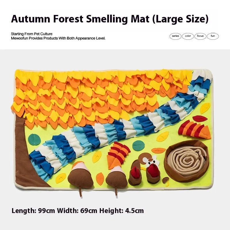Garden Camping themed fabric dog sniffing mat for hiding treats as a puzzle activity.