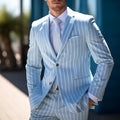 Men's blue and white button double-breasted suit jacket with straight hem and seam pockets