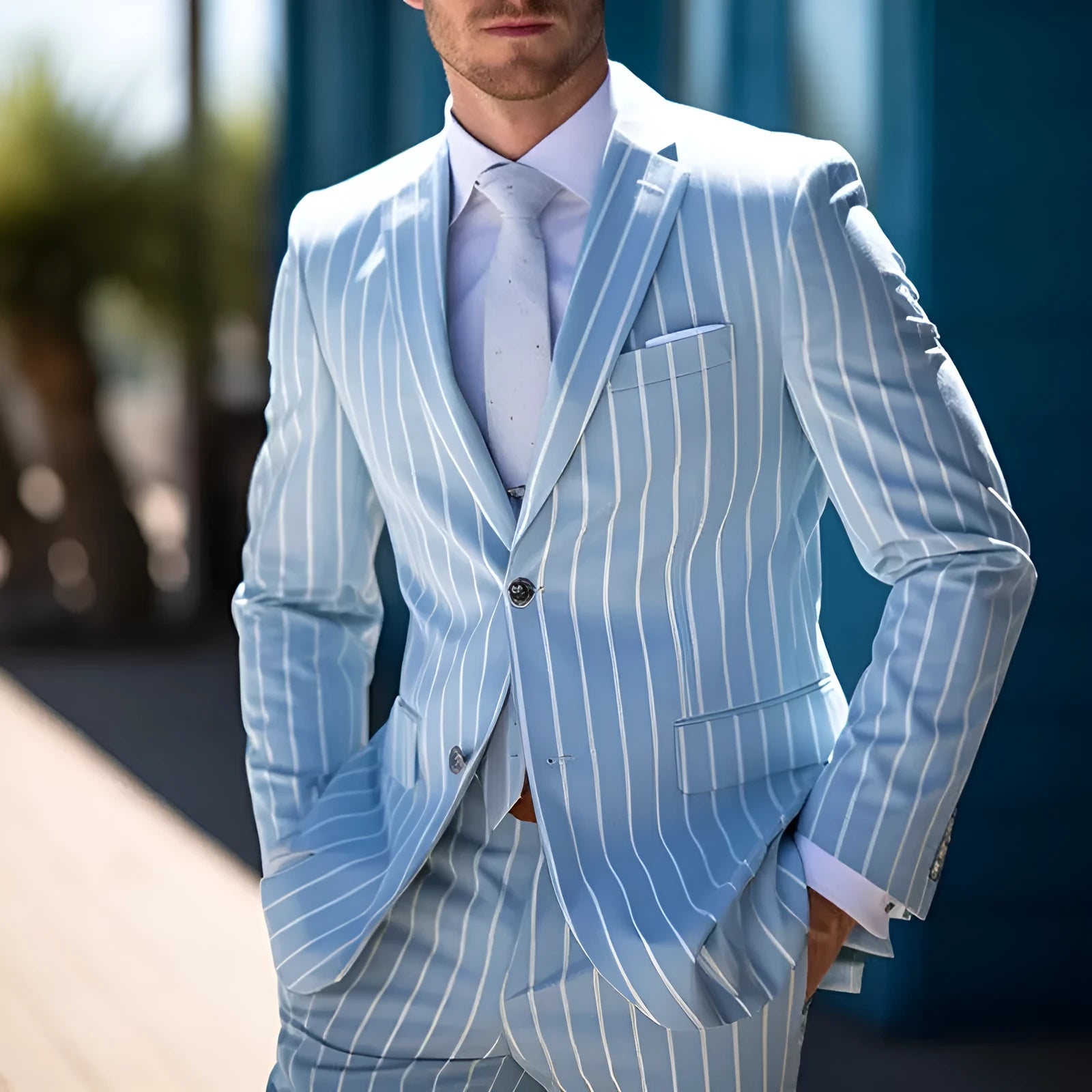 Men's blue and white button double-breasted suit jacket with straight hem and seam pockets