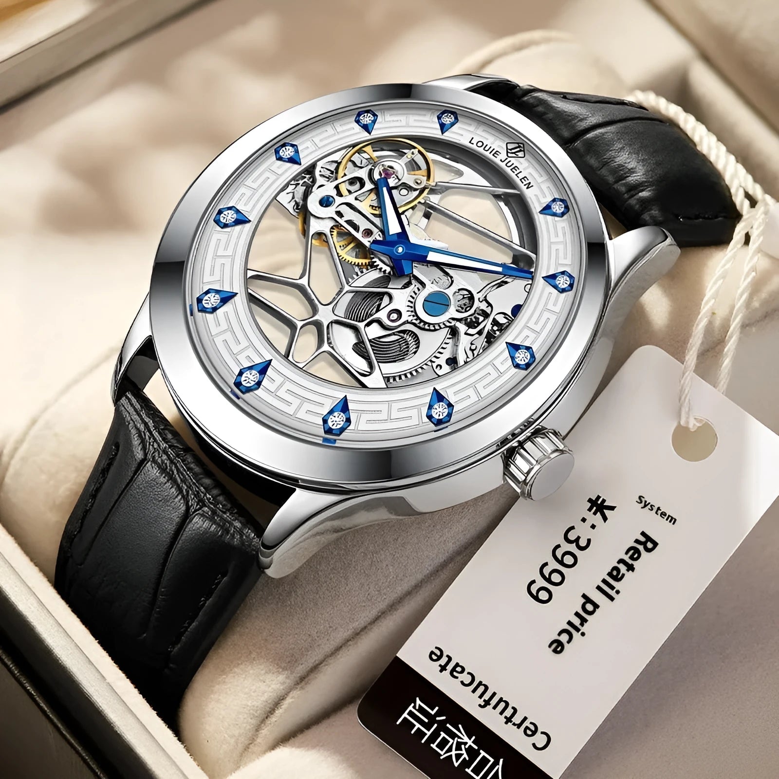 Men's silver case mechanical watch with white surface, blue hands, and black genuine leather strap
