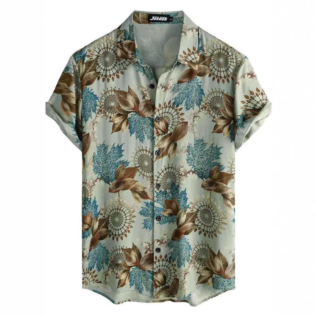 Floral Hawaiian print short sleeve shirt with lapel collar on a hanger