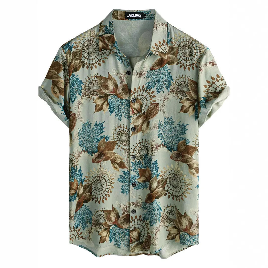 Floral Hawaiian print short sleeve shirt with lapel collar on a hanger