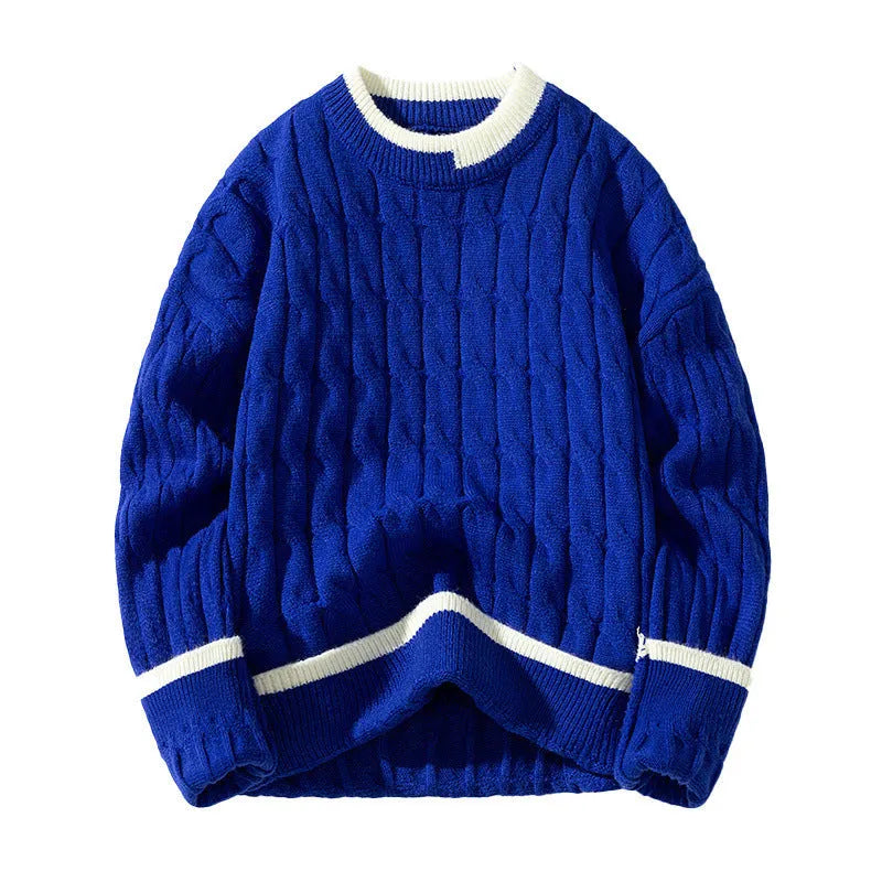 Men's loose fit modal acrylic blend pullover sweater in light blue, shown as a two-piece bottoming set.