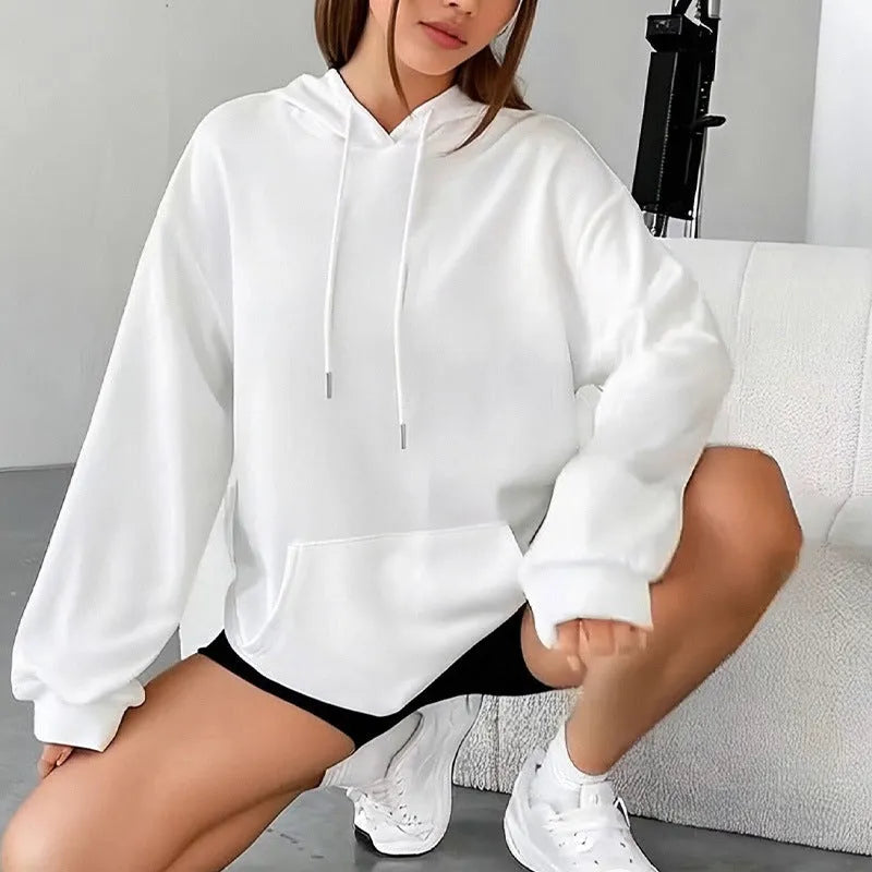 Women's loose fit long sleeve sweatshirt with drawstring and front pocket in multiple colour options