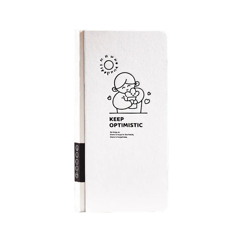 Small white paper notebook with simple plaid design, open to show blank pages.