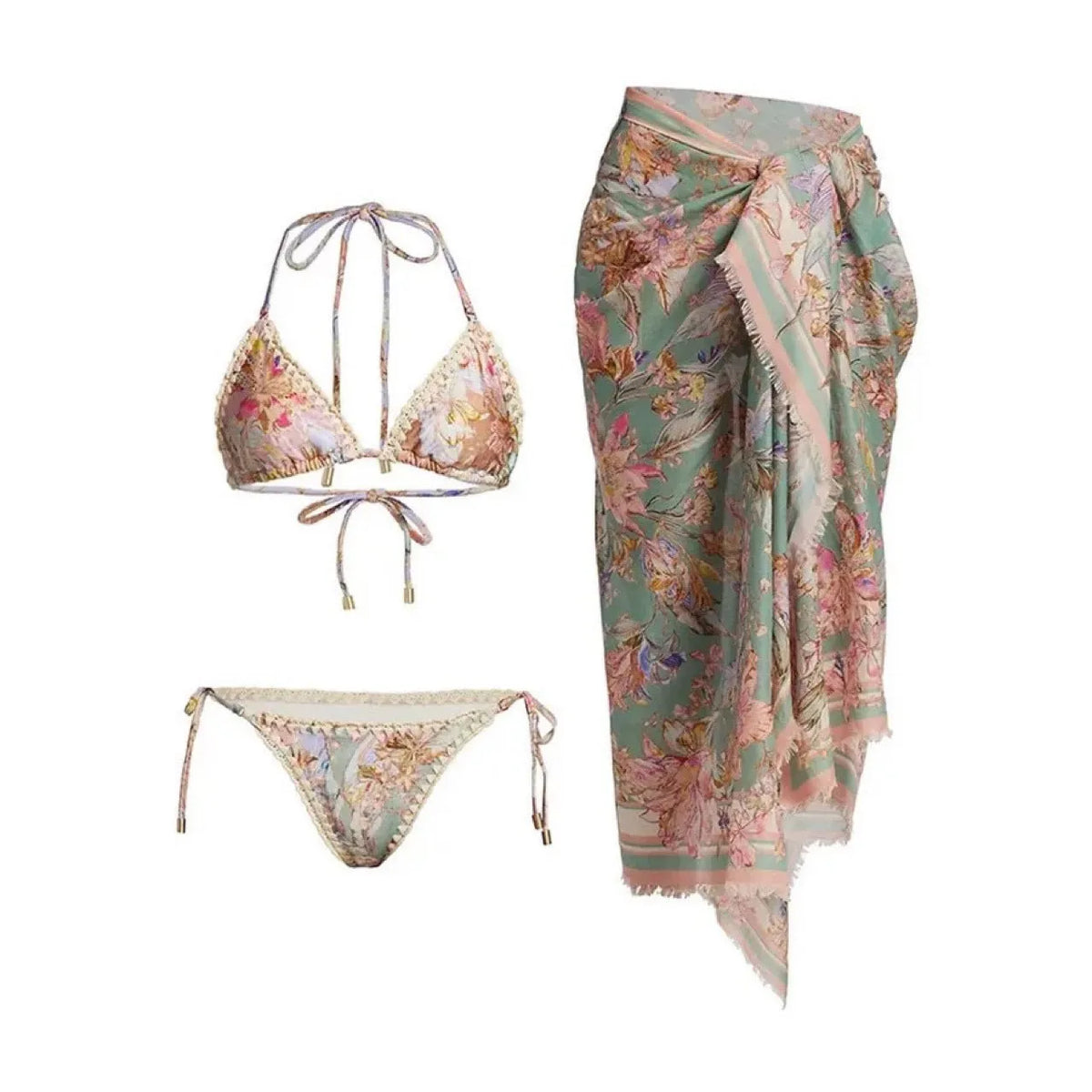 Women's creamy-white floral print bikini set with matching skirt for beach use