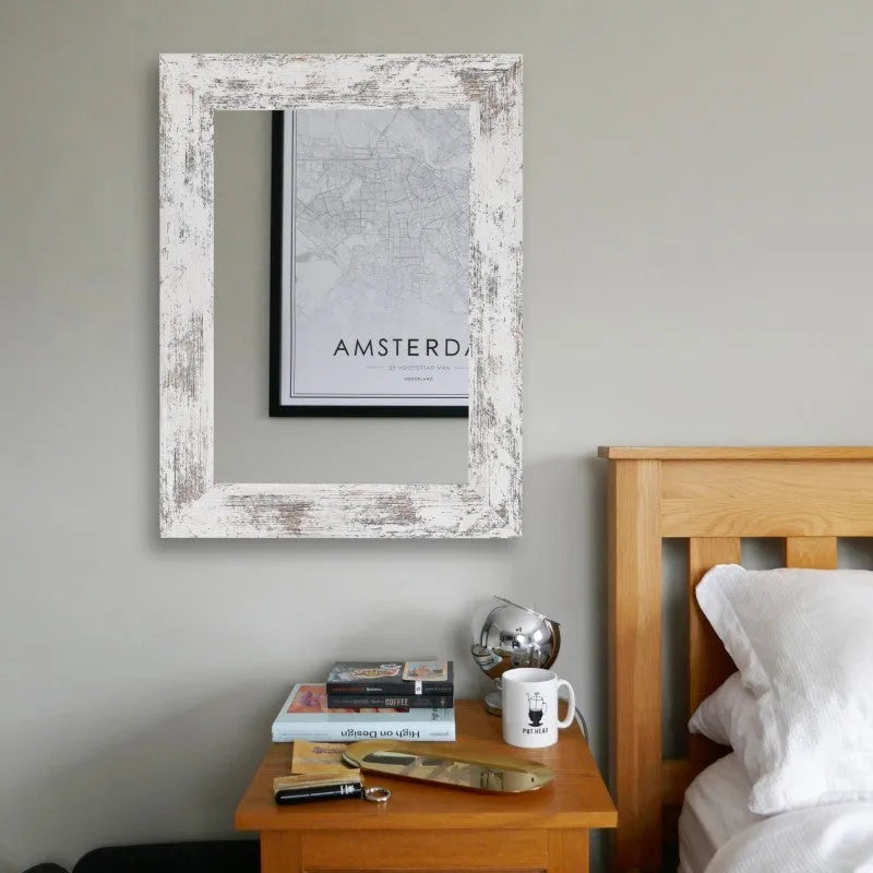 Rectangular wall mounted bathroom mirror with MDF frame in small old white colour with retro Chinese pastoral design