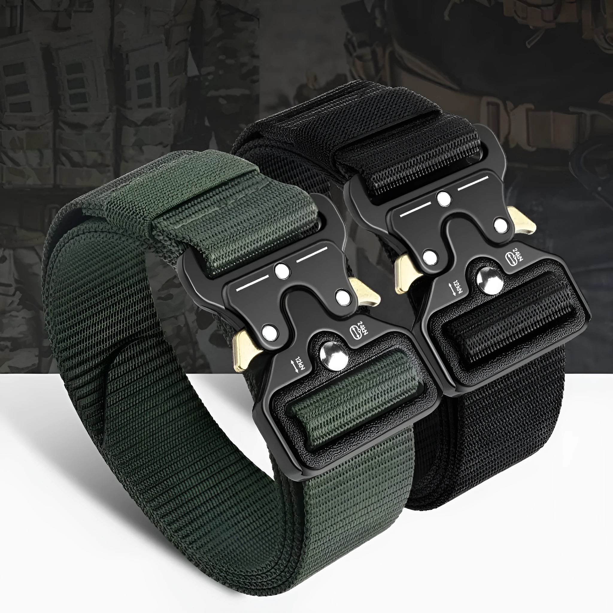Men's thick canvas tactical belt with alloy buckle in 120cm length on colour background