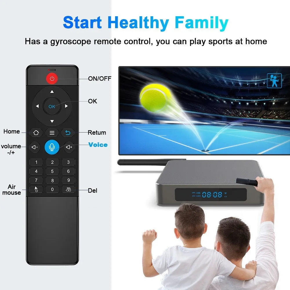 Bluetooth 8K Android TV set-top box with square 105mm design and remote control