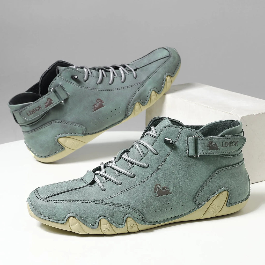 Men's khaki high-top boots with octopus-inspired frosted design and a non-slip rubber sole.