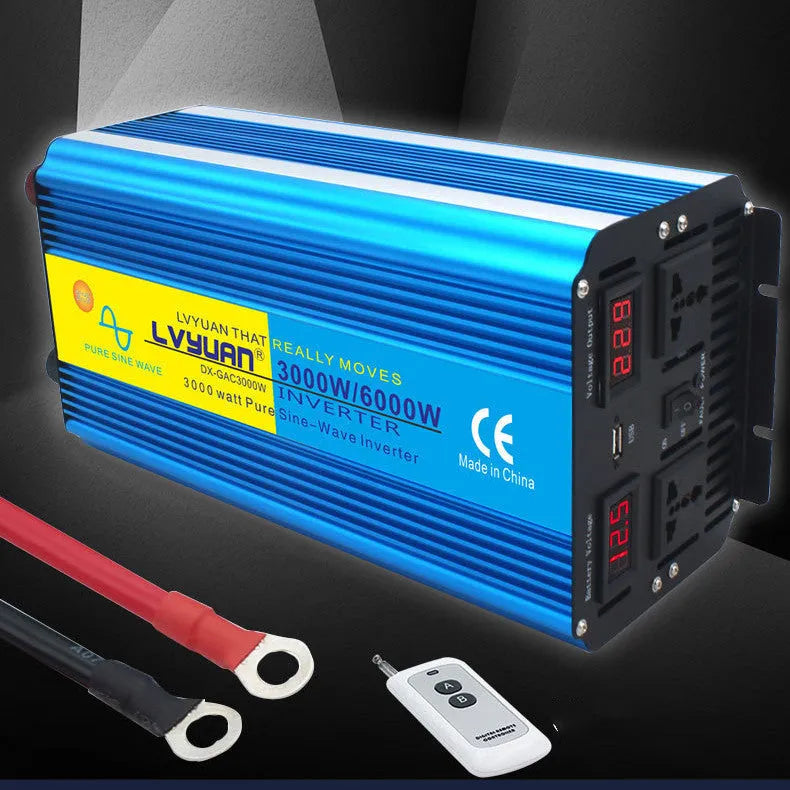 Blue 3000W pure sine wave power inverter with digital display and UK plug socket